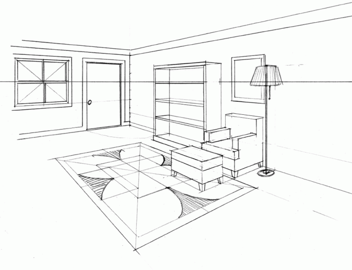 Interior easy 2 point perspective drawing